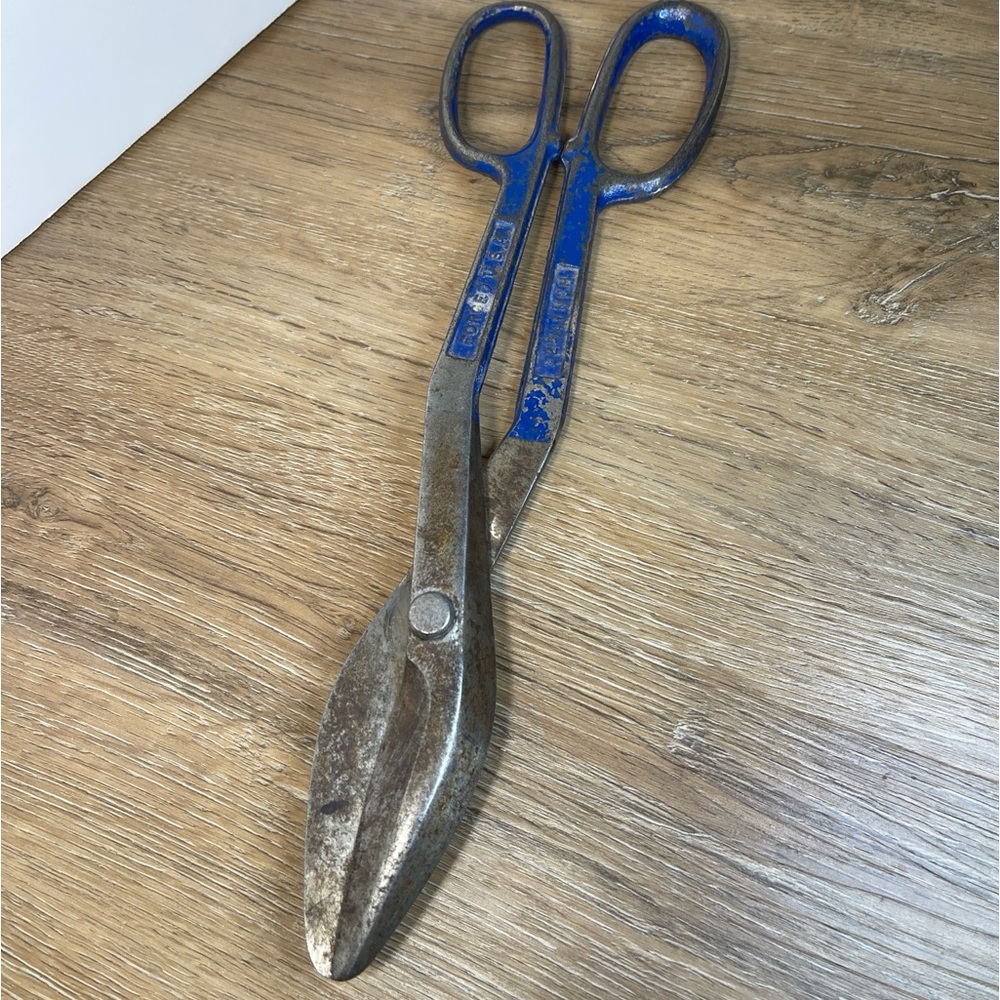Vintage Shears Scissors Forged USA 12 3/4" Tin Snips Blue Patina Heavy Duty